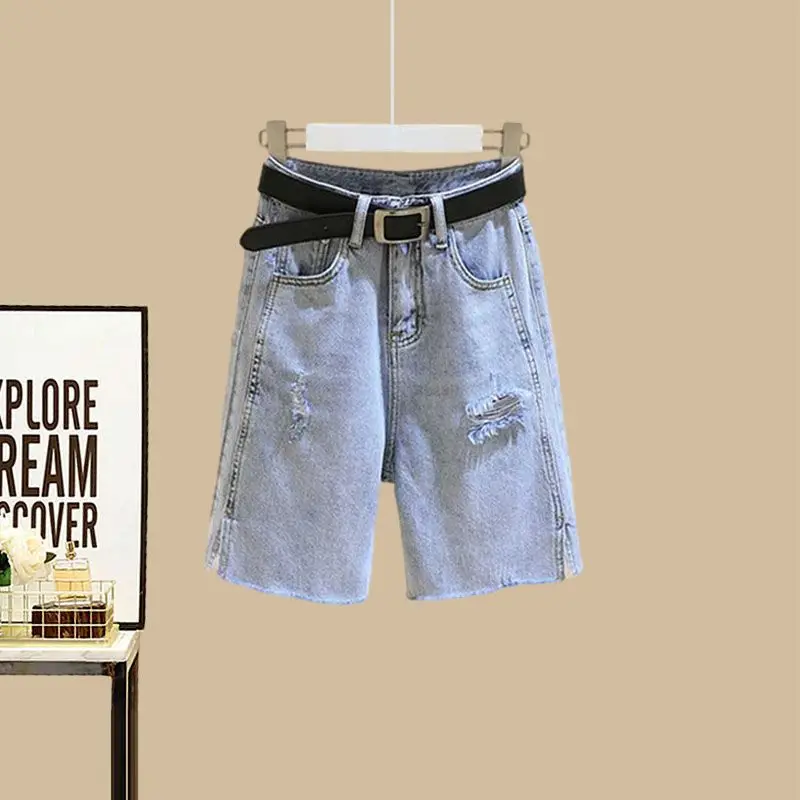 Spring/Summer Fashion Set Women's 2024 New Sunscreen Shirt Slimming Slim Slim Strap Versatile Denim Shorts Three Piece Set