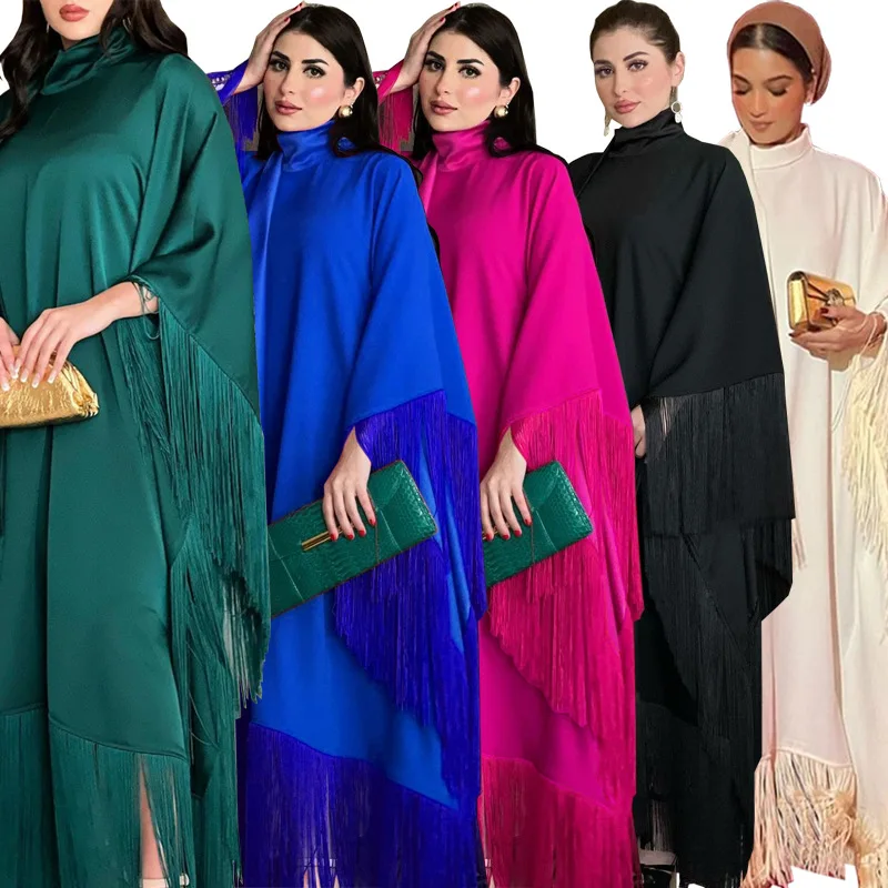 Customized Muslim Woman Bat Sleeve Tassel Abaya Kaftan High Fashion Dresses Modest Party Evening Dress Middle East Muslim Robe