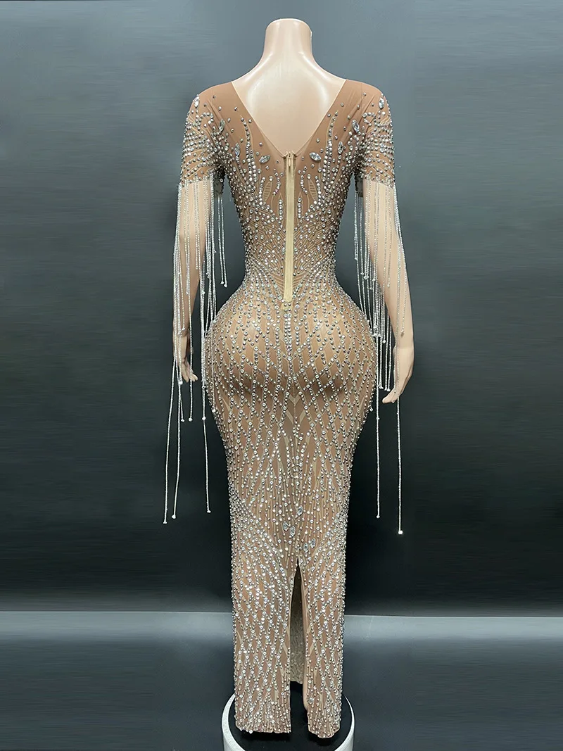 Transparent Long Diamond Dark Brown Party Dress Birthday Luxury Costume Fancy Brilliant Dancer Wedding Dress Impressive Dress