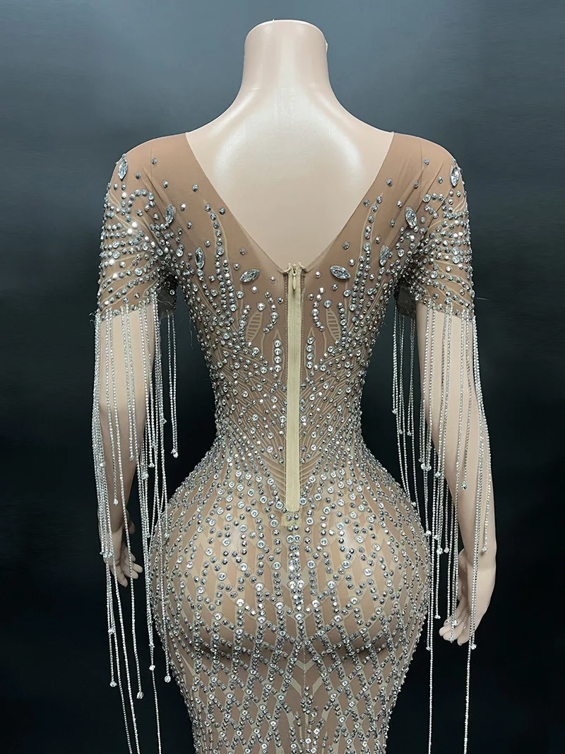 Transparent Long Diamond Dark Brown Party Dress Birthday Luxury Costume Fancy Brilliant Dancer Wedding Dress Impressive Dress