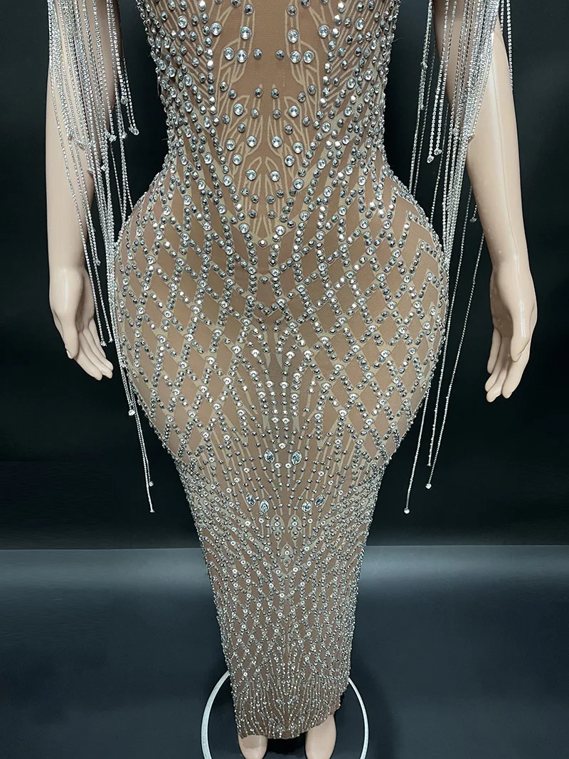 Transparent Long Diamond Dark Brown Party Dress Birthday Luxury Costume Fancy Brilliant Dancer Wedding Dress Impressive Dress