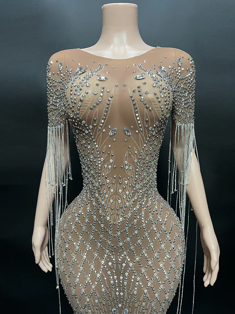 Transparent Long Diamond Dark Brown Party Dress Birthday Luxury Costume Fancy Brilliant Dancer Wedding Dress Impressive Dress