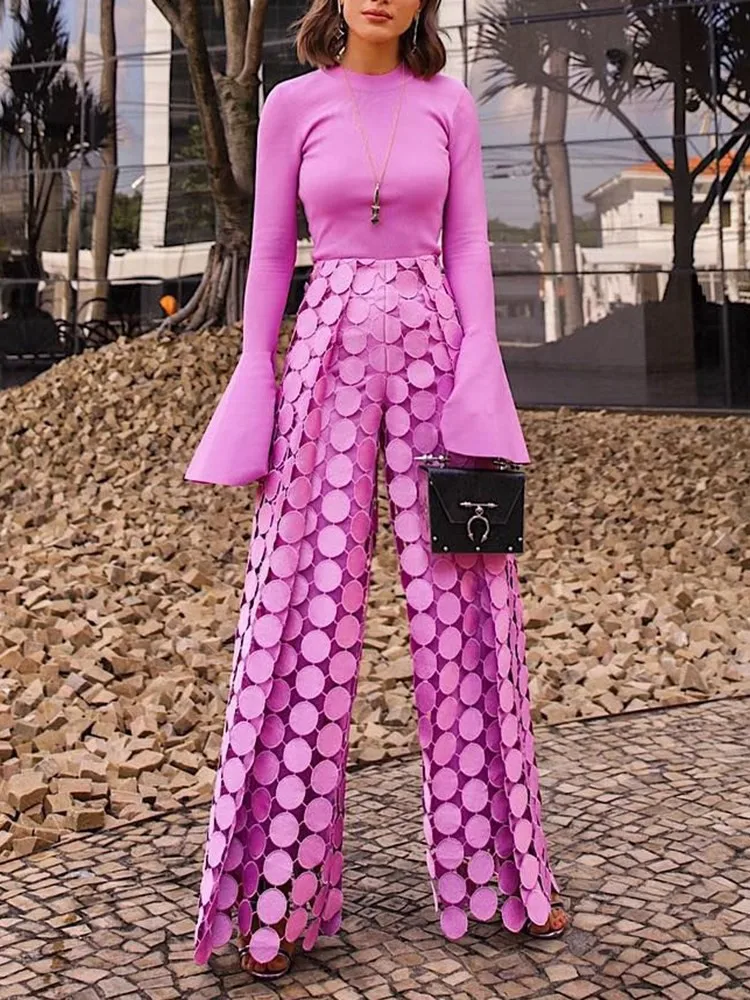 TWOTWINSTYLE Solid Designer Wide Leg Pants For Women High Waist Hollow Out Loose Casual Dot Trousers Female Fashion Clothes New