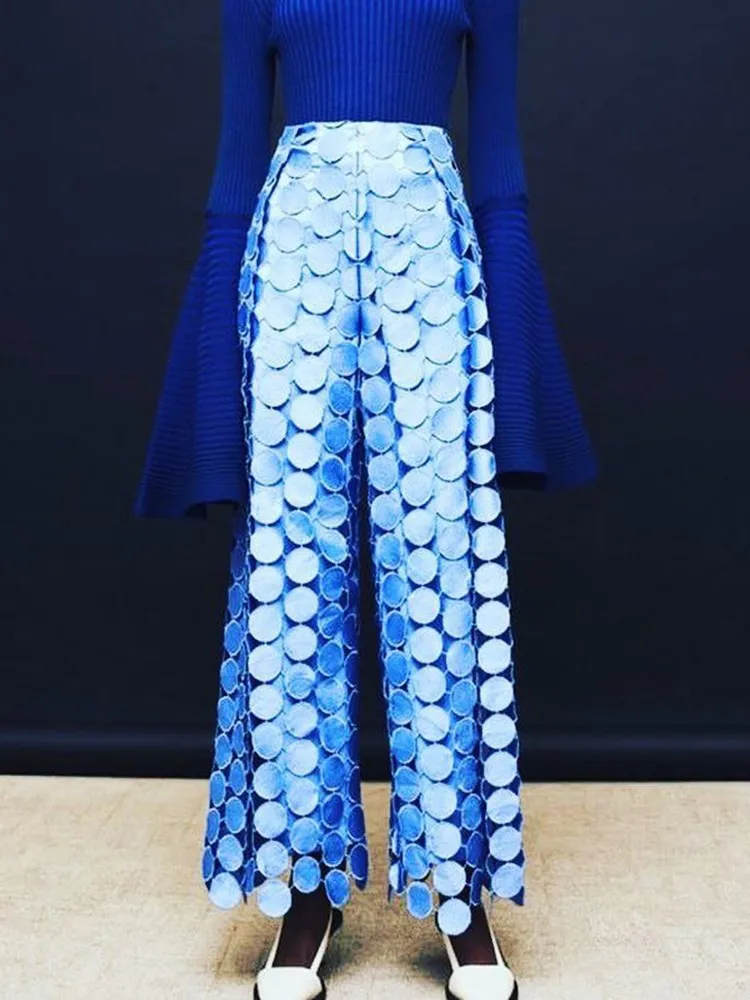 TWOTWINSTYLE Solid Designer Wide Leg Pants For Women High Waist Hollow Out Loose Casual Dot Trousers Female Fashion Clothes New