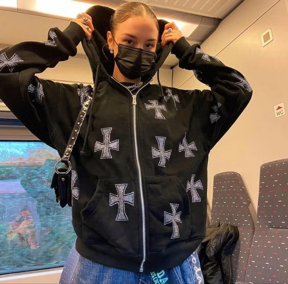 Y2K Gothic Rhinestone Print Oversize Zip Up Hoodies 2023 Winter Grunge Long Sleeve Sweatshirt Casual Hooded Jacket Streetwear