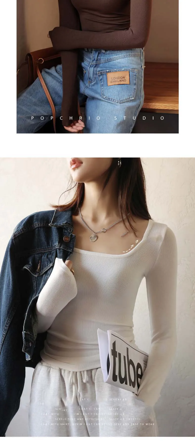 T-shirt Autumn Winter Low Neck Undercoat Women's Spring Autumn Top Long sleeve Slim fit inside and outside