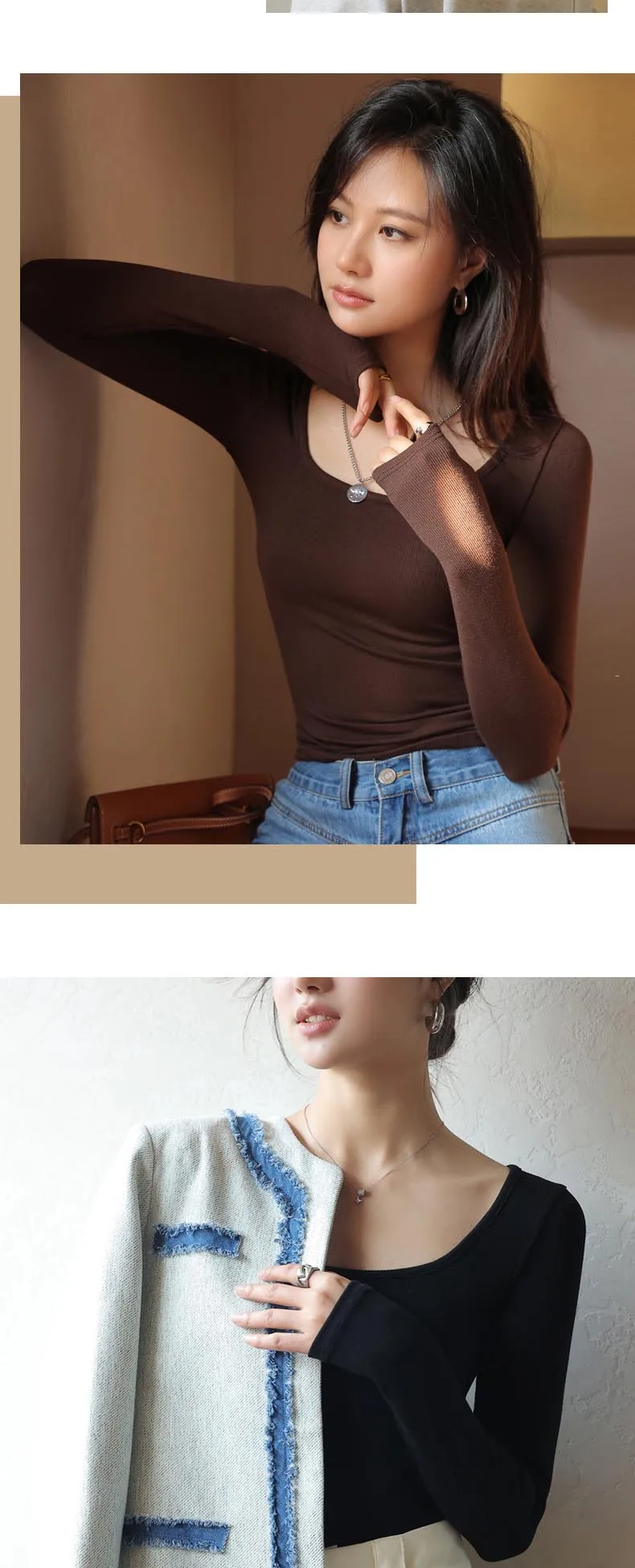 T-shirt Autumn Winter Low Neck Undercoat Women's Spring Autumn Top Long sleeve Slim fit inside and outside