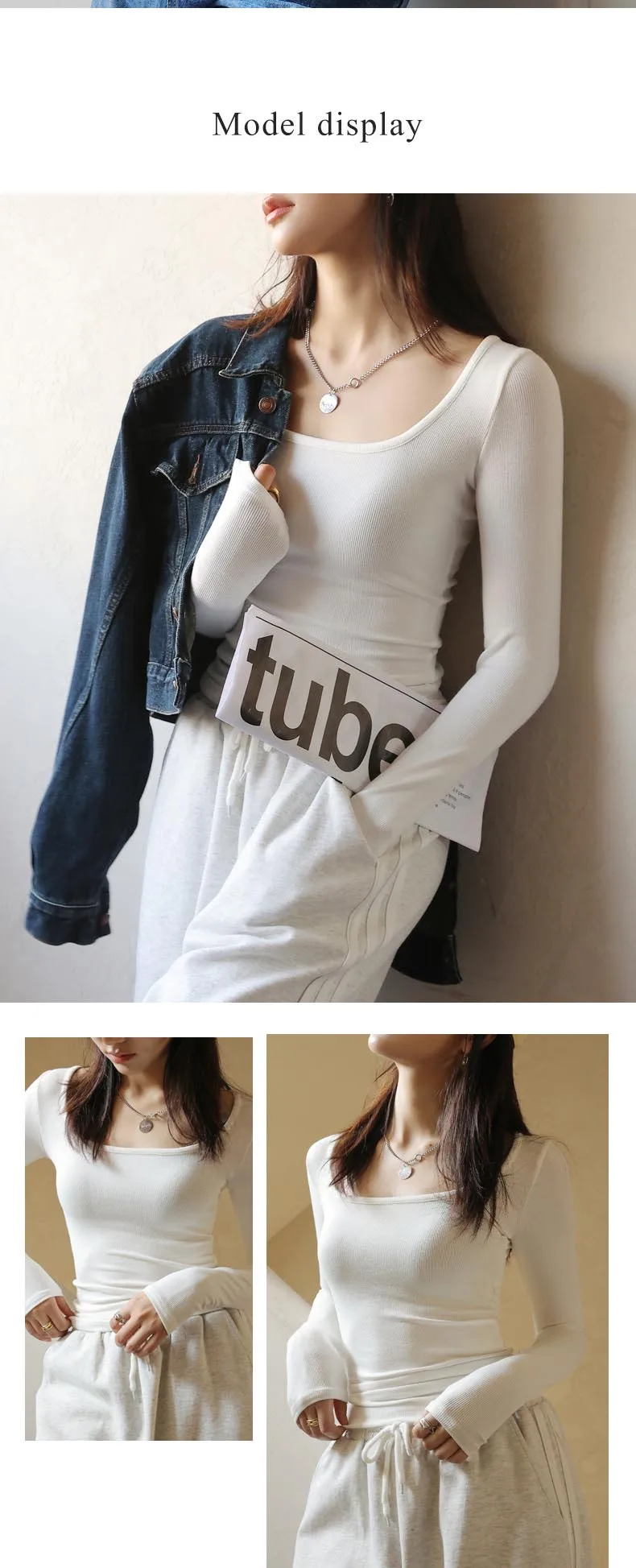 T-shirt Autumn Winter Low Neck Undercoat Women's Spring Autumn Top Long sleeve Slim fit inside and outside