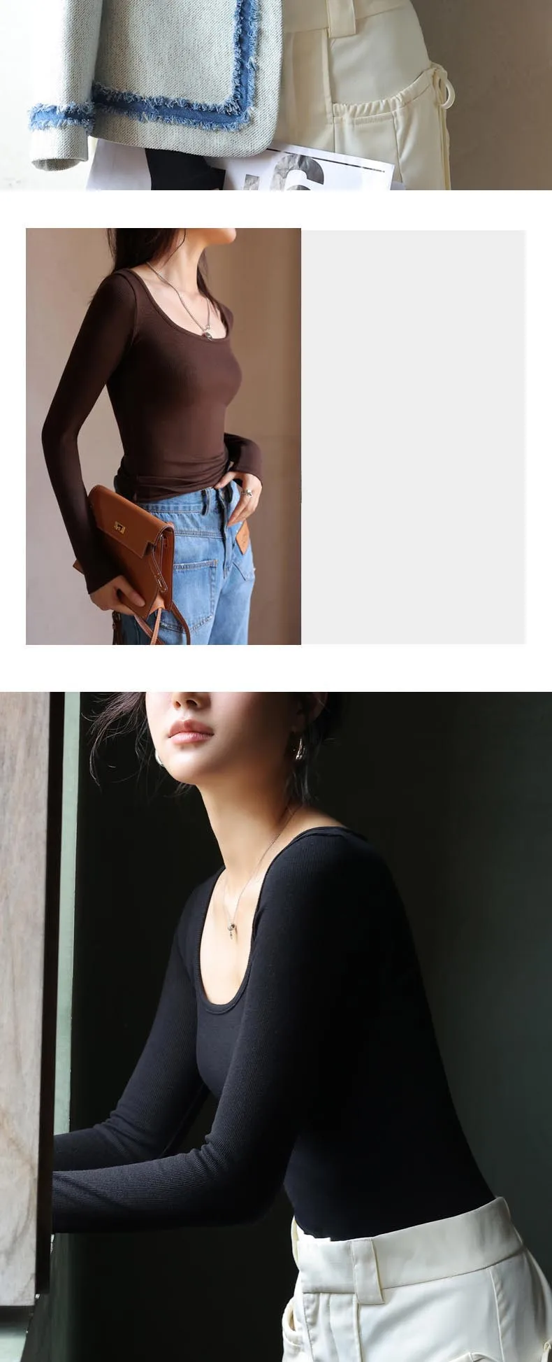 T-shirt Autumn Winter Low Neck Undercoat Women's Spring Autumn Top Long sleeve Slim fit inside and outside