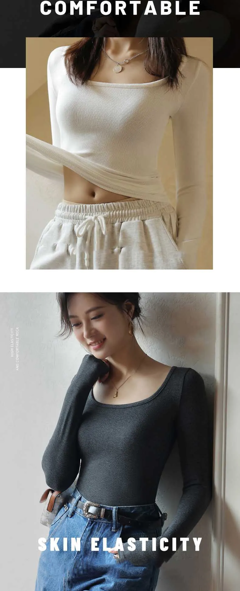 T-shirt Autumn Winter Low Neck Undercoat Women's Spring Autumn Top Long sleeve Slim fit inside and outside