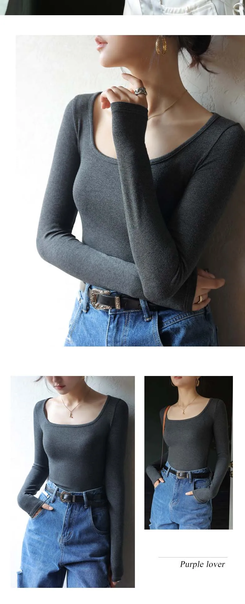 T-shirt Autumn Winter Low Neck Undercoat Women's Spring Autumn Top Long sleeve Slim fit inside and outside