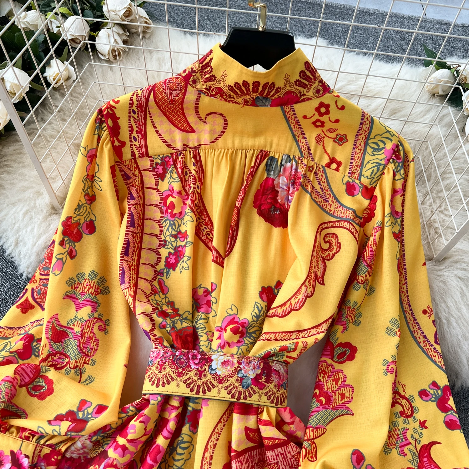 Spring Holiday Floral Print Linen Robe Long Sleeve Stand A-Line Belt Beach Party Dress Single Breasted Women Maxi Clothes 2069