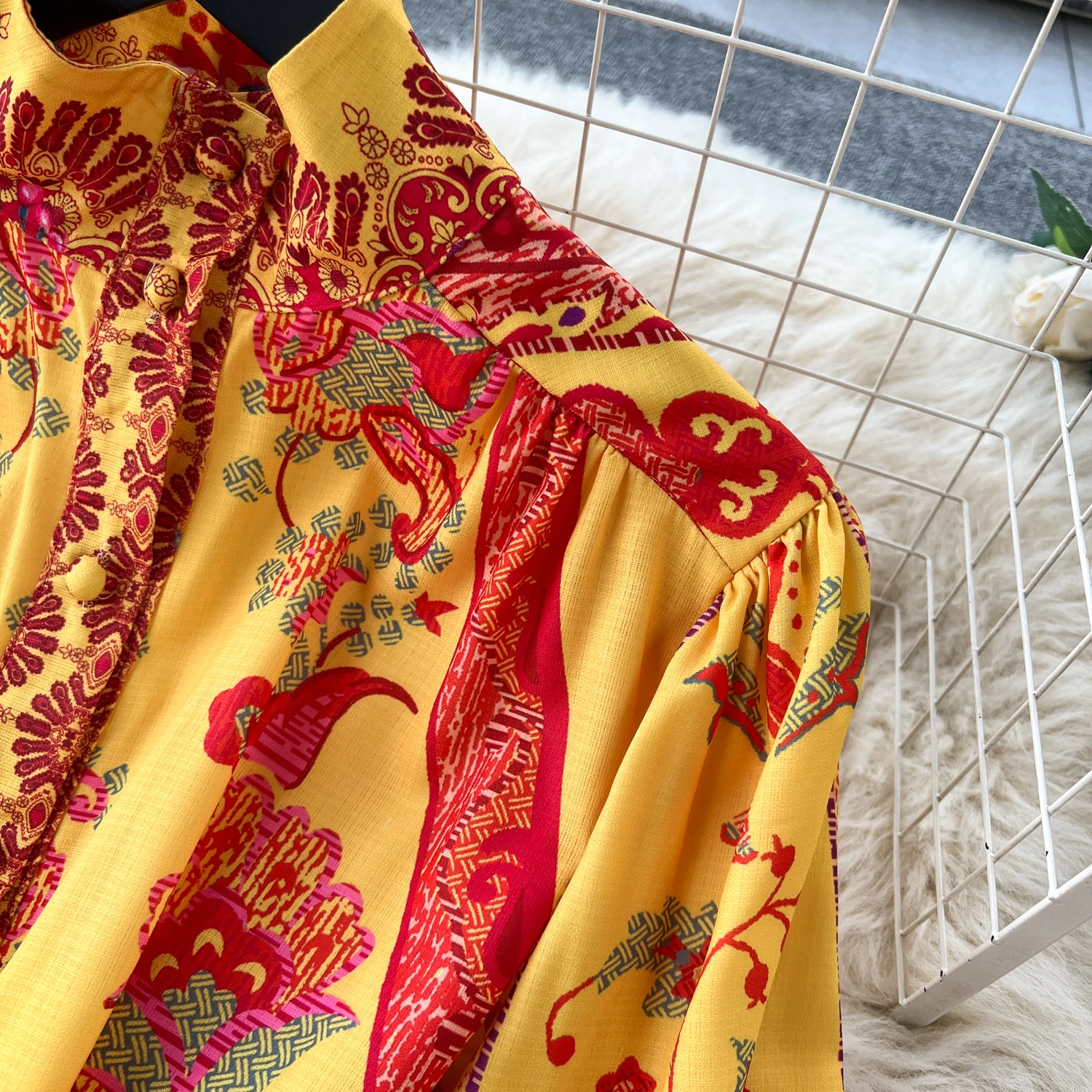 Spring Holiday Floral Print Linen Robe Long Sleeve Stand A-Line Belt Beach Party Dress Single Breasted Women Maxi Clothes 2069