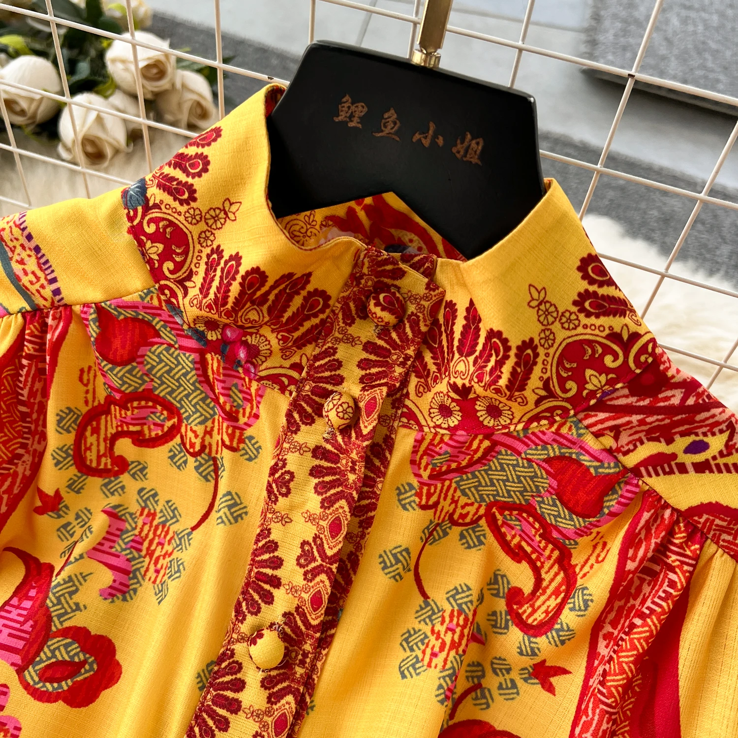 Spring Holiday Floral Print Linen Robe Long Sleeve Stand A-Line Belt Beach Party Dress Single Breasted Women Maxi Clothes 2069