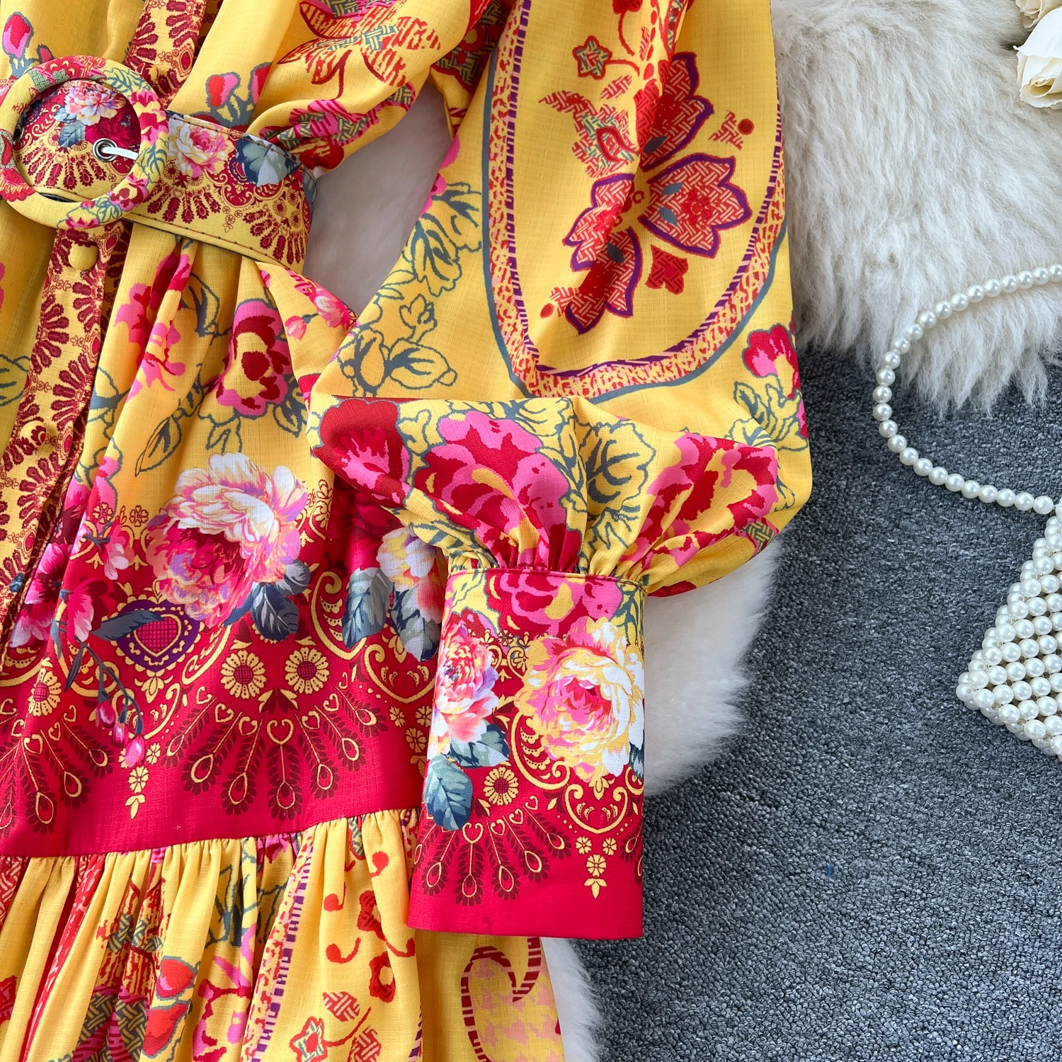 Spring Holiday Floral Print Linen Robe Long Sleeve Stand A-Line Belt Beach Party Dress Single Breasted Women Maxi Clothes 2069