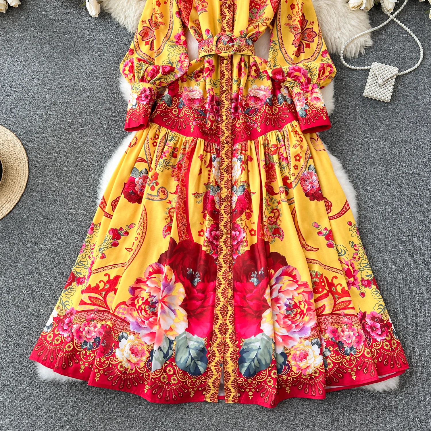 Spring Holiday Floral Print Linen Robe Long Sleeve Stand A-Line Belt Beach Party Dress Single Breasted Women Maxi Clothes 2069