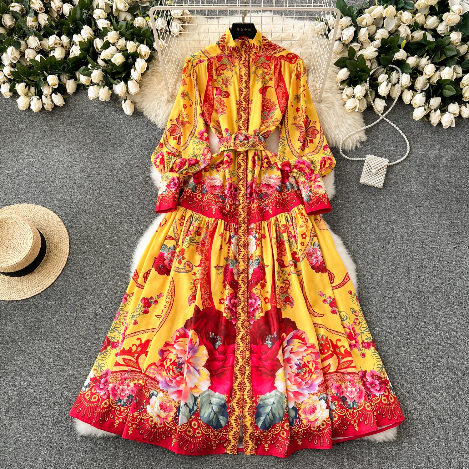Spring Holiday Floral Print Linen Robe Long Sleeve Stand A-Line Belt Beach Party Dress Single Breasted Women Maxi Clothes 2069