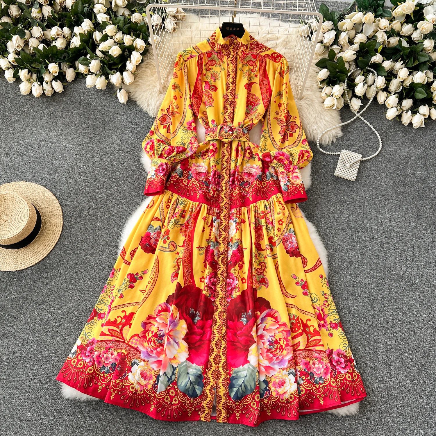 Spring Holiday Floral Print Linen Robe Long Sleeve Stand A-Line Belt Beach Party Dress Single Breasted Women Maxi Clothes 2069