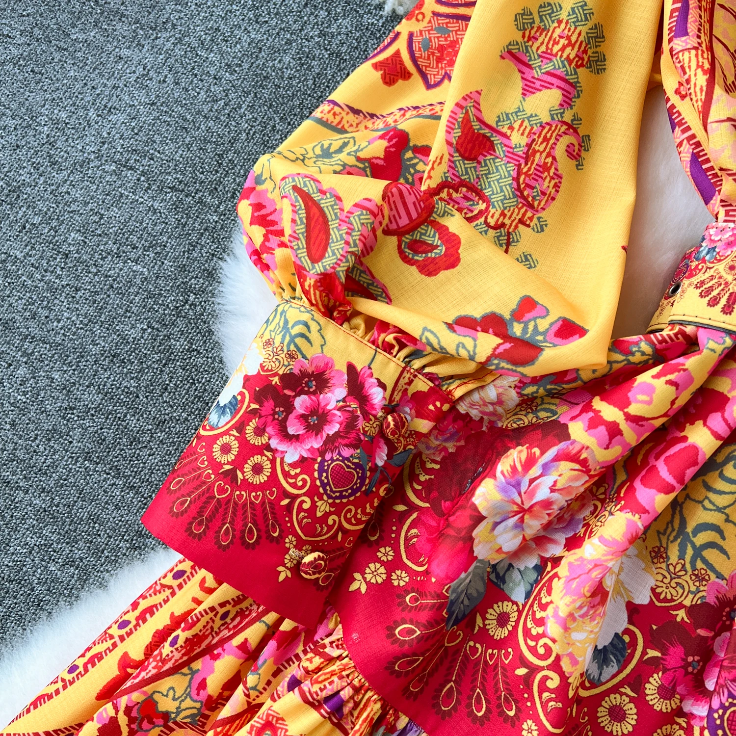 Spring Holiday Floral Print Linen Robe Long Sleeve Stand A-Line Belt Beach Party Dress Single Breasted Women Maxi Clothes 2069