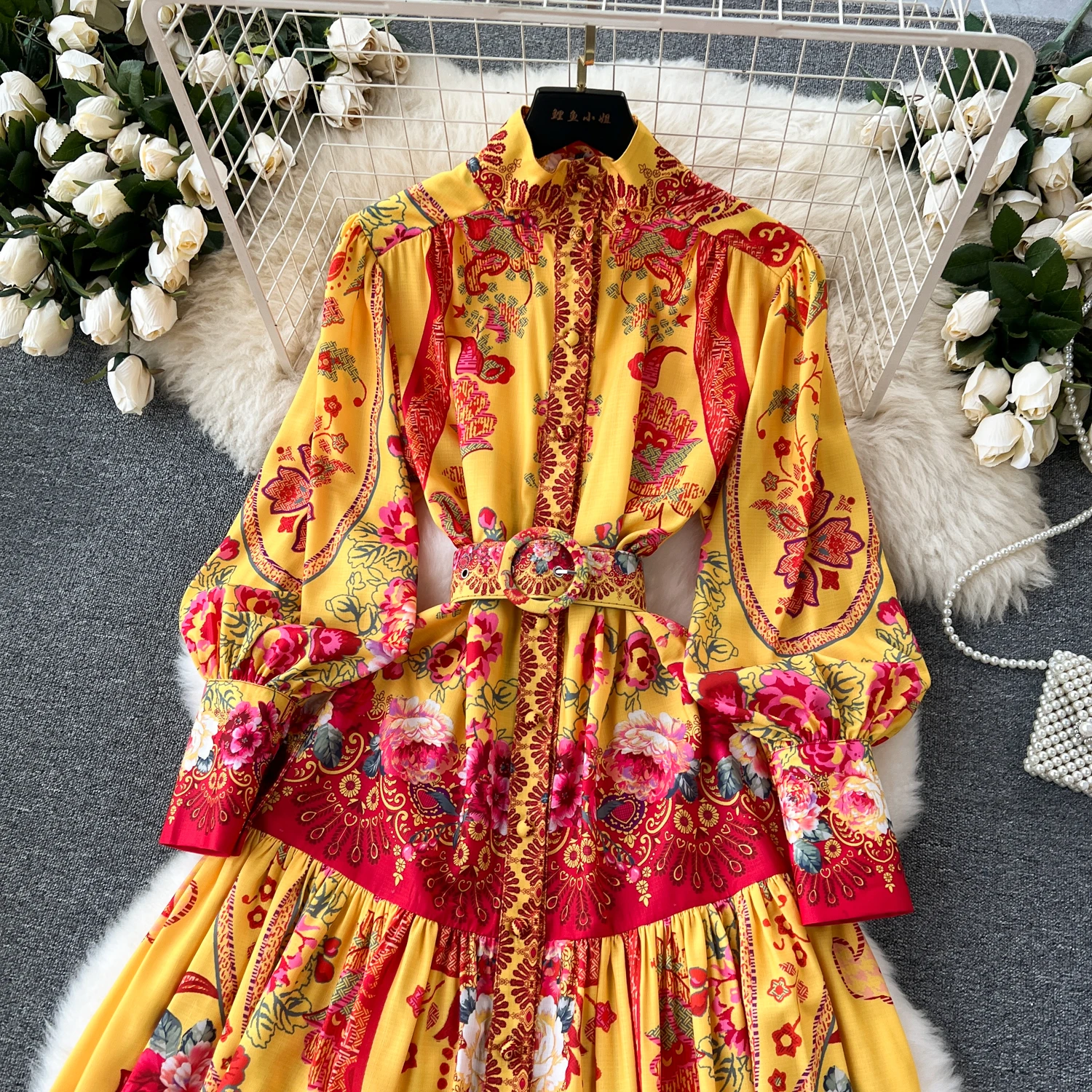 Spring Holiday Floral Print Linen Robe Long Sleeve Stand A-Line Belt Beach Party Dress Single Breasted Women Maxi Clothes 2069