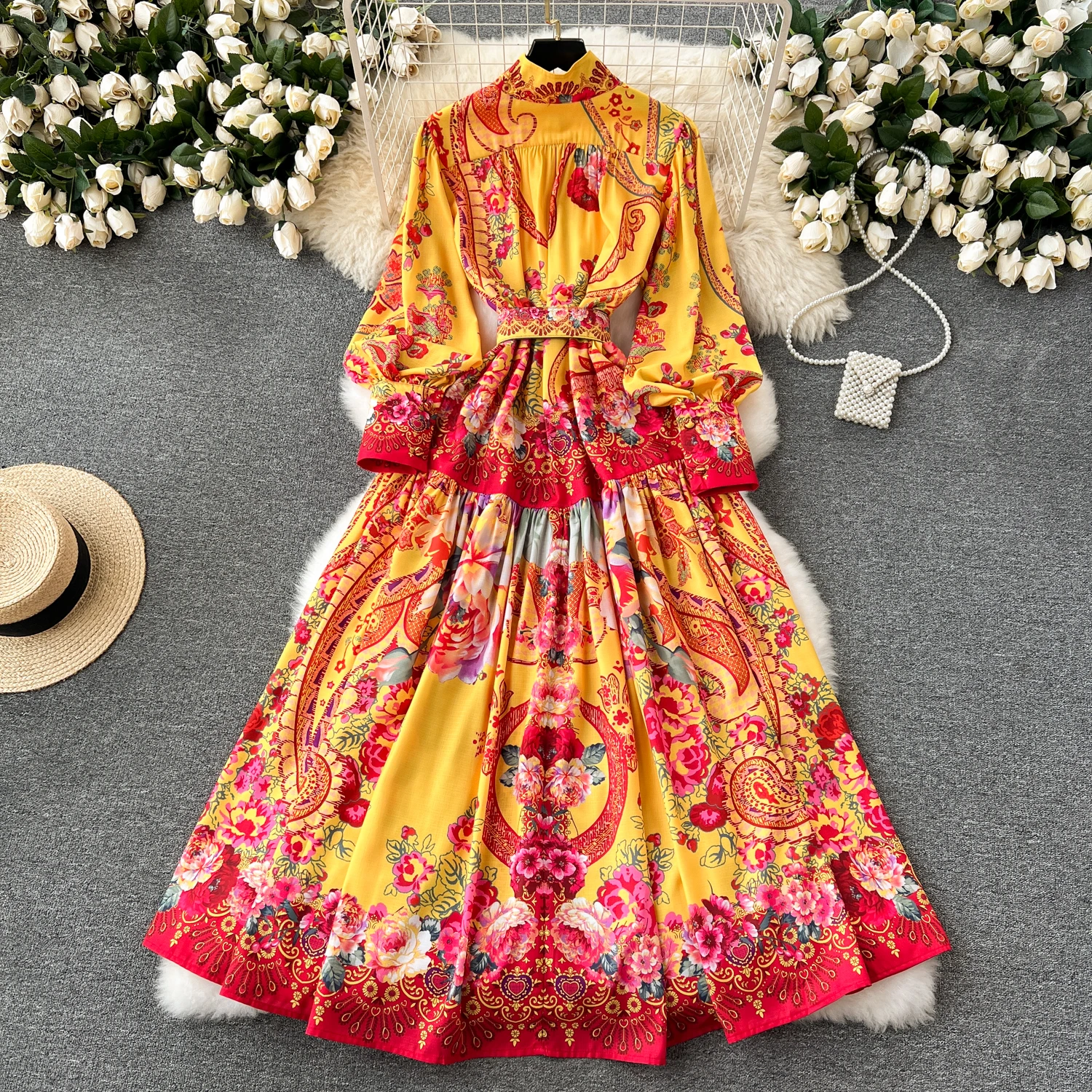 Spring Holiday Floral Print Linen Robe Long Sleeve Stand A-Line Belt Beach Party Dress Single Breasted Women Maxi Clothes 2069