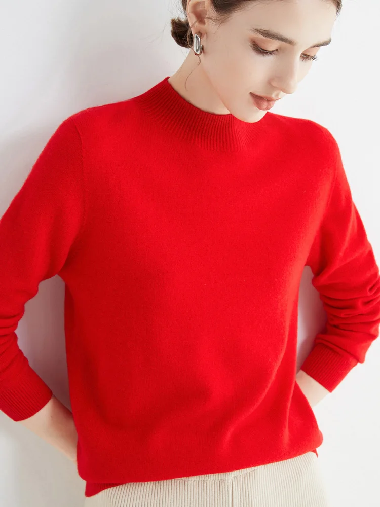 Women's Sweaters Pullovers 100% Merino Wool Knitwear Mock Neck Basic Casual Cashmere Autumn Winter Comfortable Clothing Tops New