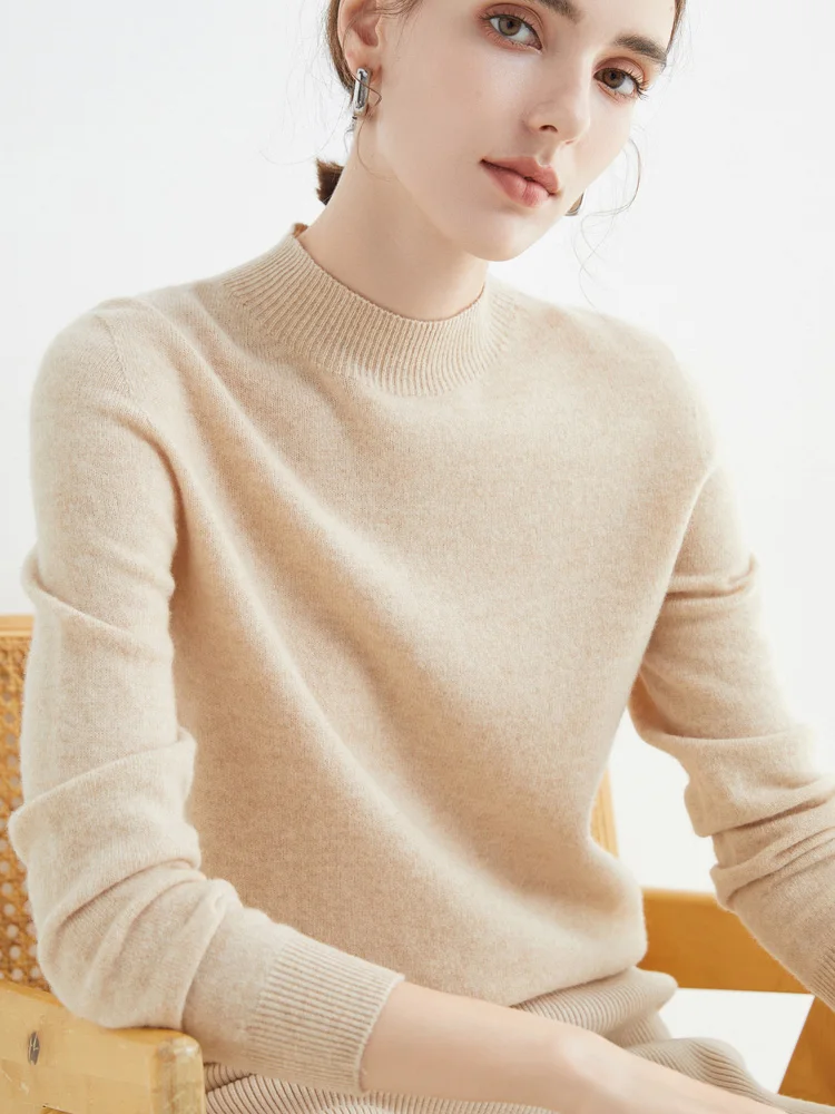 Women's Sweaters Pullovers 100% Merino Wool Knitwear Mock Neck Basic Casual Cashmere Autumn Winter Comfortable Clothing Tops New