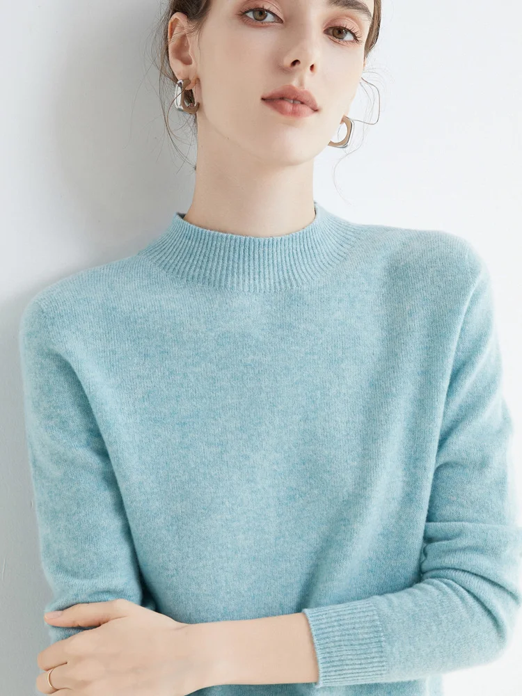 Women's Sweaters Pullovers 100% Merino Wool Knitwear Mock Neck Basic Casual Cashmere Autumn Winter Comfortable Clothing Tops New