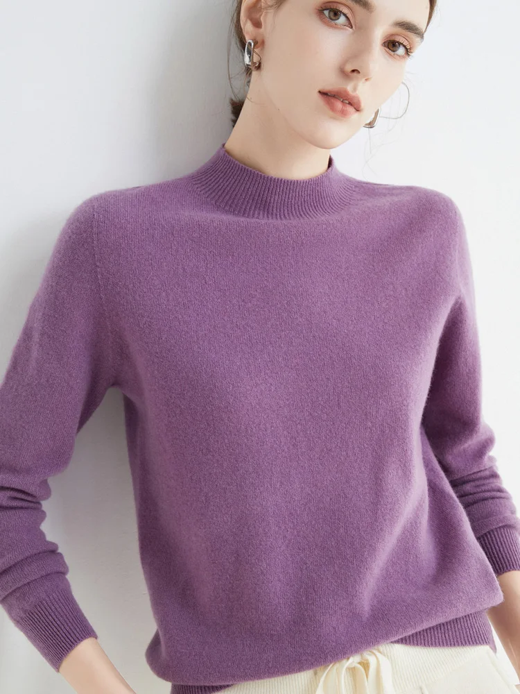 Women's Sweaters Pullovers 100% Merino Wool Knitwear Mock Neck Basic Casual Cashmere Autumn Winter Comfortable Clothing Tops New