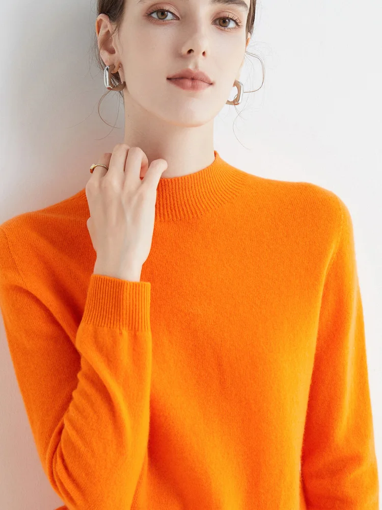 Women's Sweaters Pullovers 100% Merino Wool Knitwear Mock Neck Basic Casual Cashmere Autumn Winter Comfortable Clothing Tops New