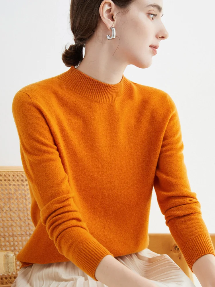 Women's Sweaters Pullovers 100% Merino Wool Knitwear Mock Neck Basic Casual Cashmere Autumn Winter Comfortable Clothing Tops New