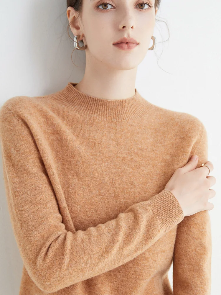 Women's Sweaters Pullovers 100% Merino Wool Knitwear Mock Neck Basic Casual Cashmere Autumn Winter Comfortable Clothing Tops New