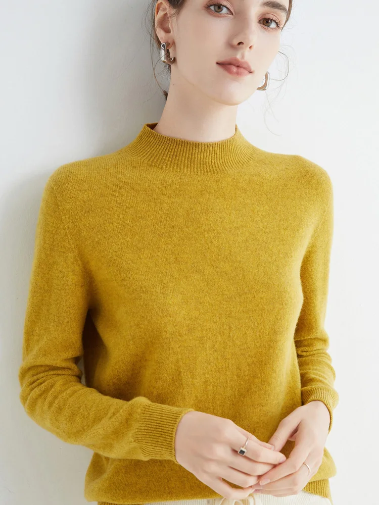 Women's Sweaters Pullovers 100% Merino Wool Knitwear Mock Neck Basic Casual Cashmere Autumn Winter Comfortable Clothing Tops New