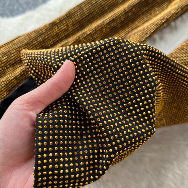 Luxury Shiny rhinestone Flare pants for women 2025 New Stylish High waist long pants with belt Gold Vintage trousers INEKO 3B018
