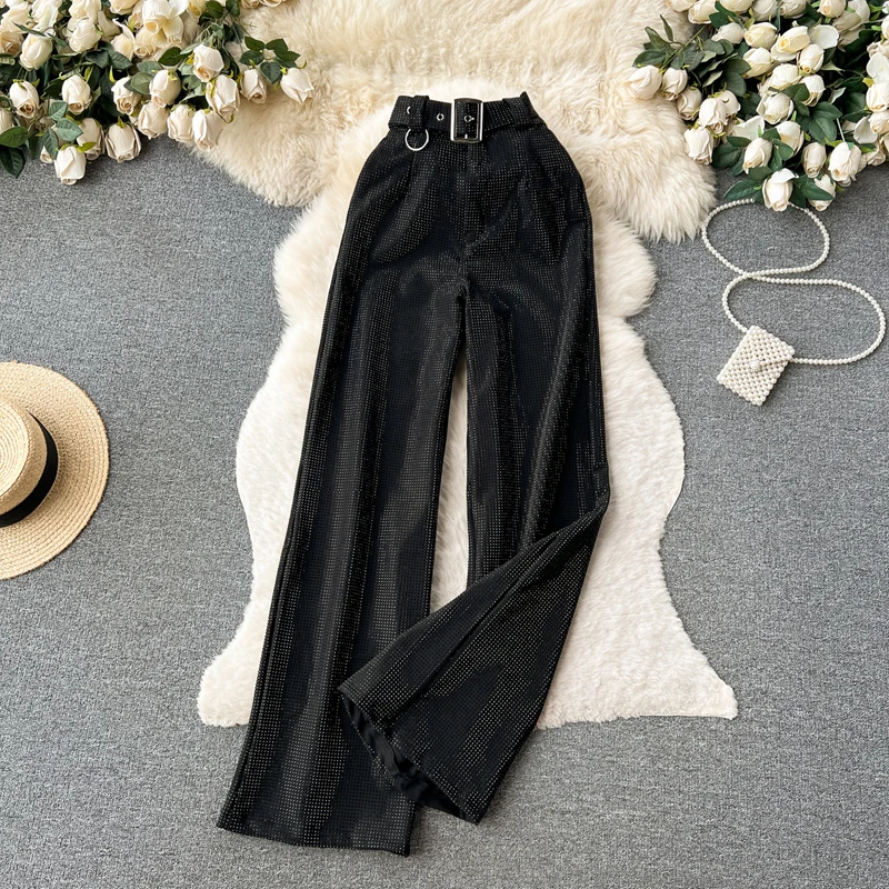 Luxury Shiny rhinestone Flare pants for women 2025 New Stylish High waist long pants with belt Gold Vintage trousers INEKO 3B018