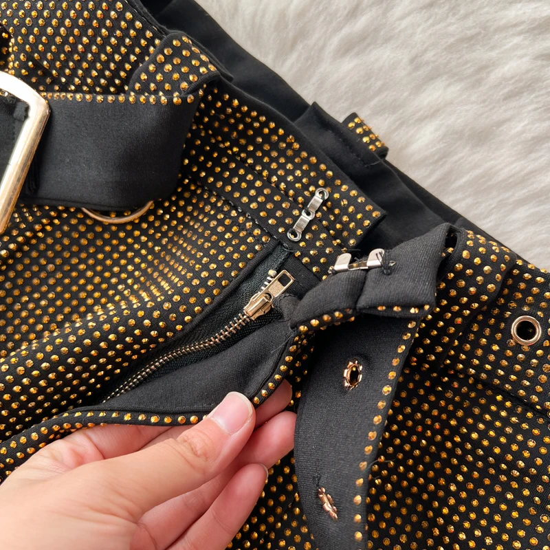 Luxury Shiny rhinestone Flare pants for women 2025 New Stylish High waist long pants with belt Gold Vintage trousers INEKO 3B018
