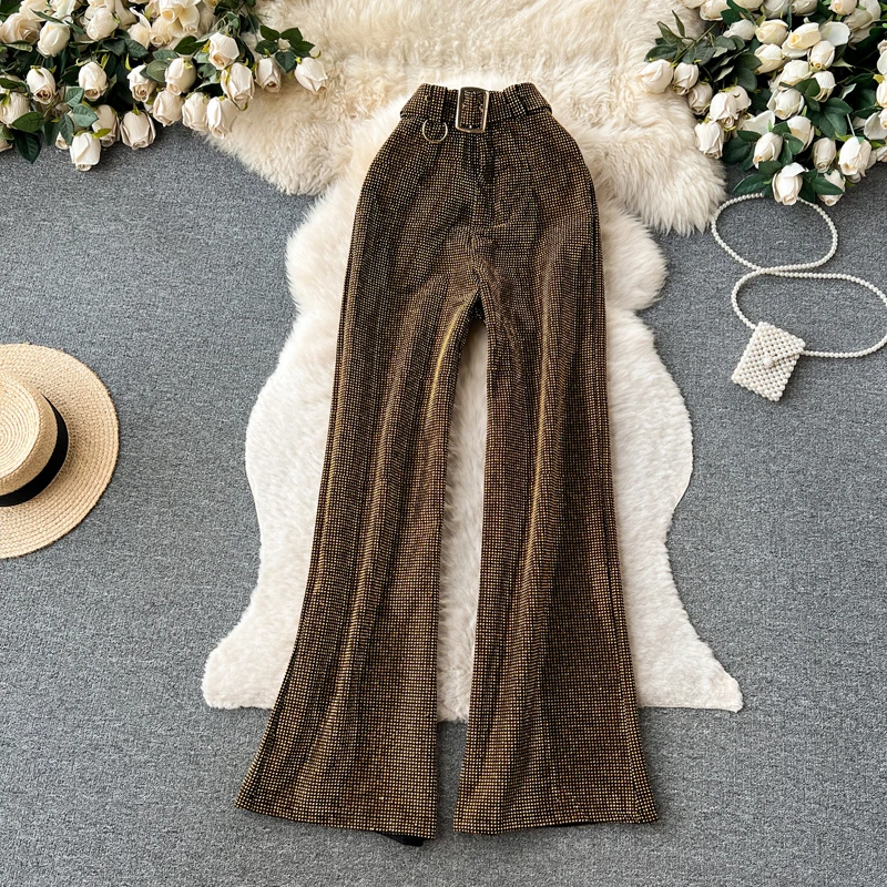 Luxury Shiny rhinestone Flare pants for women 2025 New Stylish High waist long pants with belt Gold Vintage trousers INEKO 3B018