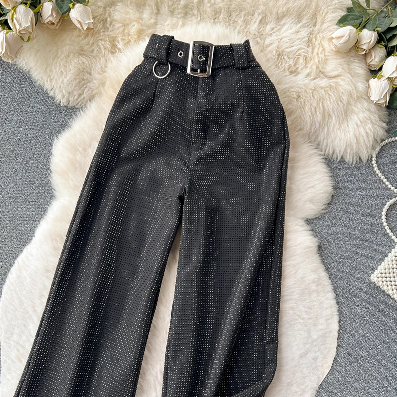 Luxury Shiny rhinestone Flare pants for women 2025 New Stylish High waist long pants with belt Gold Vintage trousers INEKO 3B018