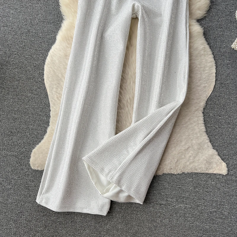 Luxury Shiny rhinestone Flare pants for women 2025 New Stylish High waist long pants with belt Gold Vintage trousers INEKO 3B018