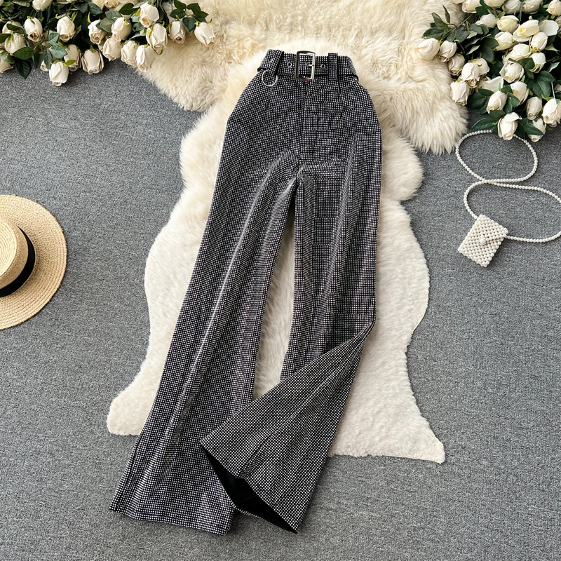 Luxury Shiny rhinestone Flare pants for women 2025 New Stylish High waist long pants with belt Gold Vintage trousers INEKO 3B018