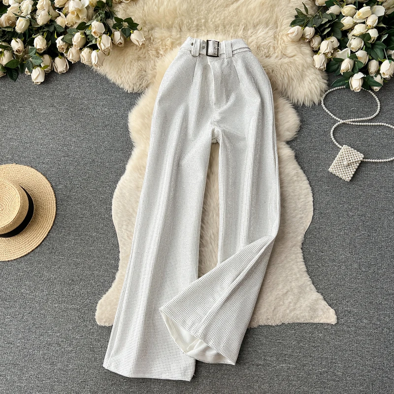Luxury Shiny rhinestone Flare pants for women 2025 New Stylish High waist long pants with belt Gold Vintage trousers INEKO 3B018