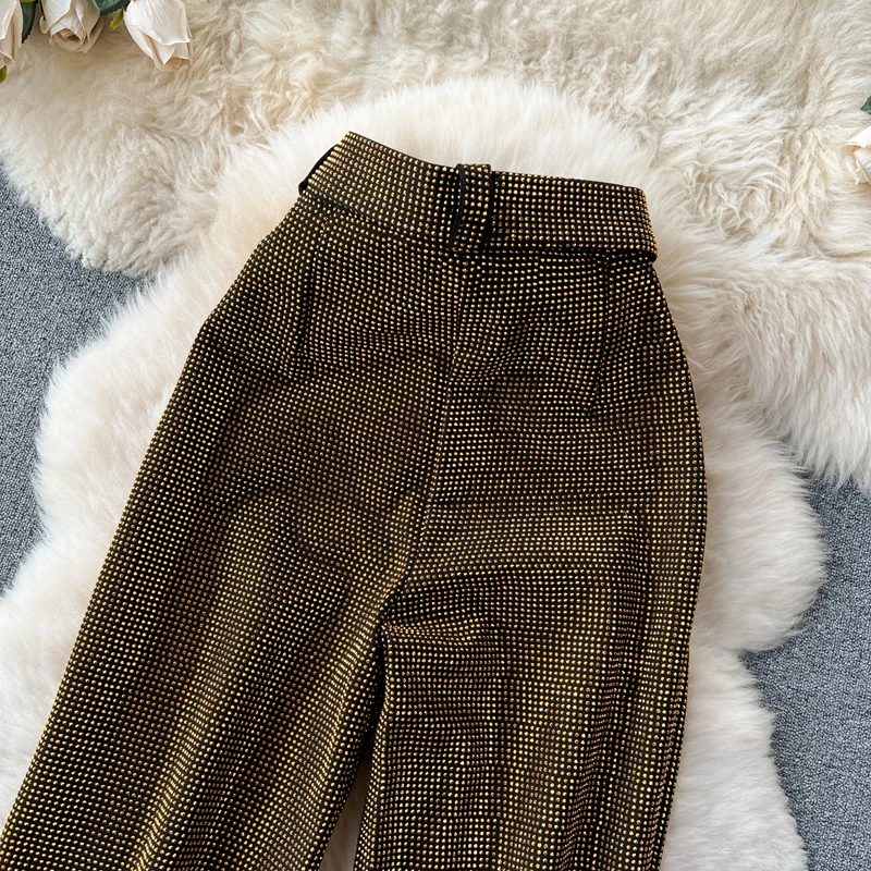 Luxury Shiny rhinestone Flare pants for women 2025 New Stylish High waist long pants with belt Gold Vintage trousers INEKO 3B018