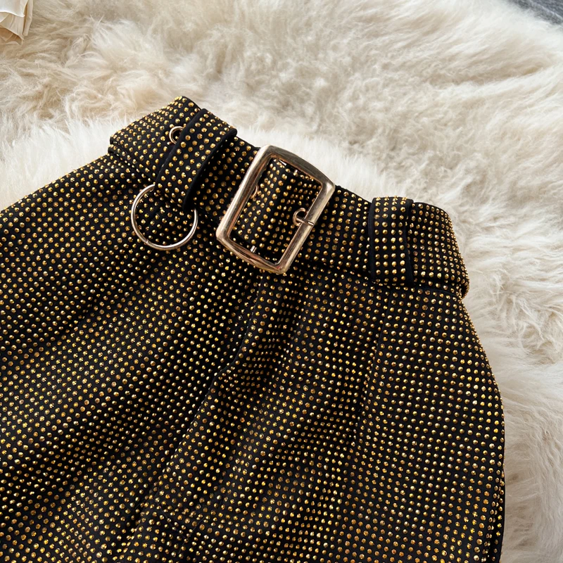 Luxury Shiny rhinestone Flare pants for women 2025 New Stylish High waist long pants with belt Gold Vintage trousers INEKO 3B018