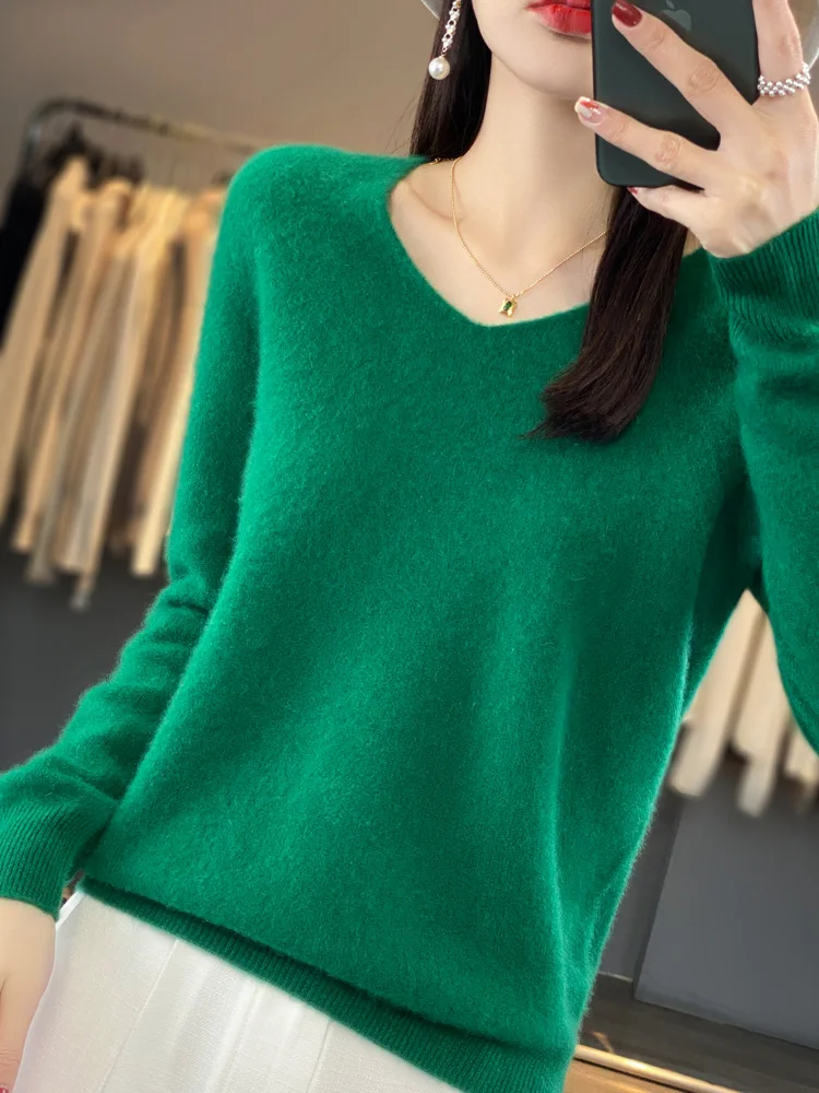 100% Merino Wool Women's Sweater V-Neck Long Sleeve Pullovers Autumn Winter Basic Jumper Cashmere Knitwear Warm Female Clothing