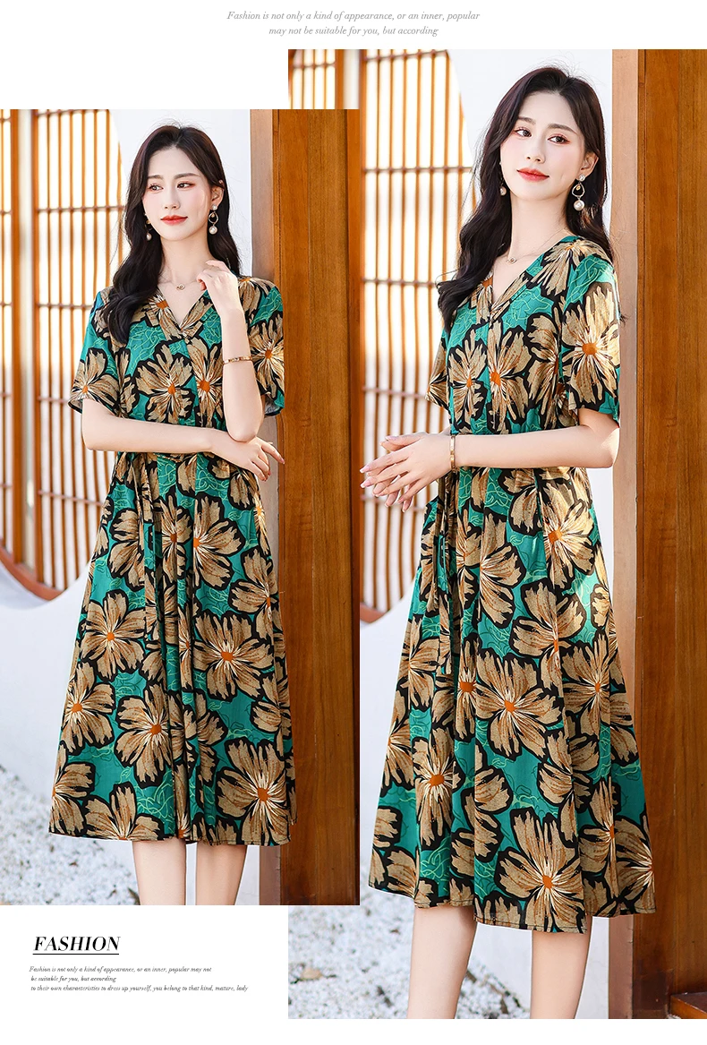 New Casual 2024 Women summer Dress Floral Print short Sleeve FashionElegant Vintage O-Neck Plus size Dresses