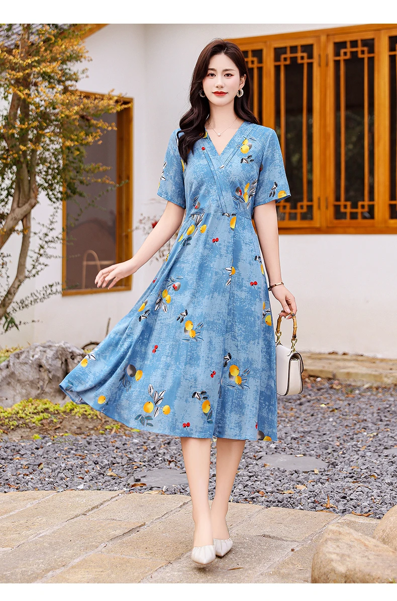 New Casual 2024 Women summer Dress Floral Print short Sleeve FashionElegant Vintage O-Neck Plus size Dresses