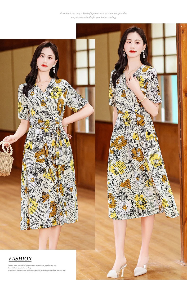 New Casual 2024 Women summer Dress Floral Print short Sleeve FashionElegant Vintage O-Neck Plus size Dresses