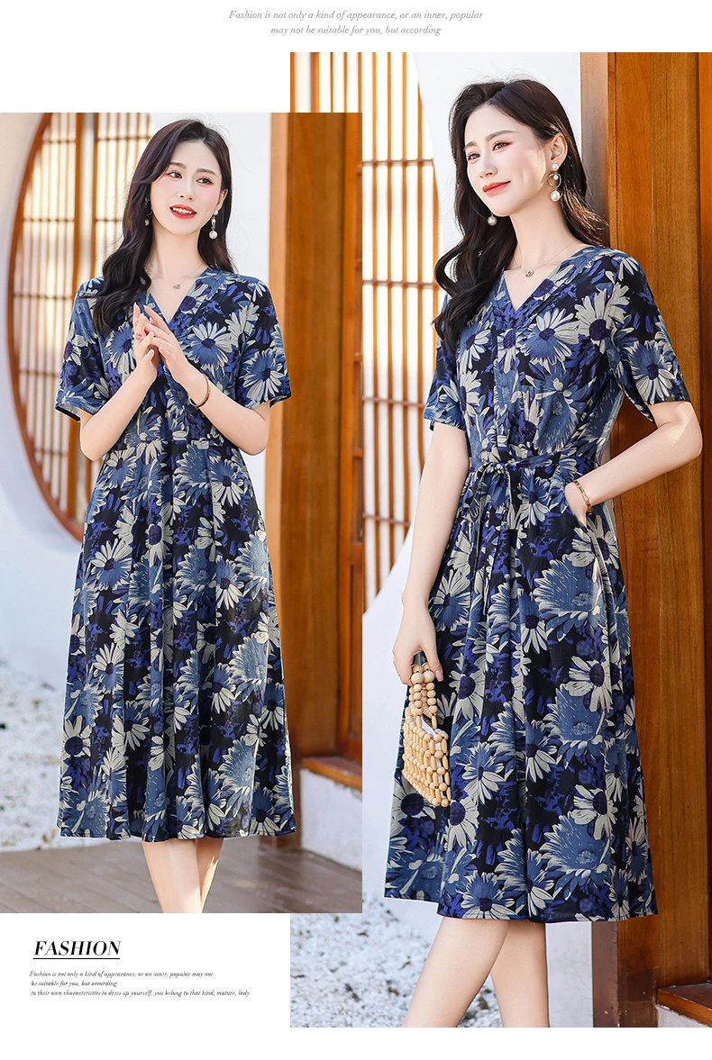 New Casual 2024 Women summer Dress Floral Print short Sleeve FashionElegant Vintage O-Neck Plus size Dresses