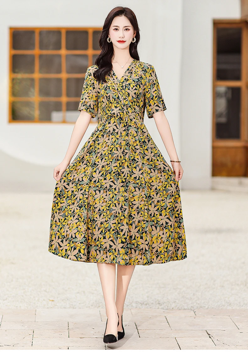 New Casual 2024 Women summer Dress Floral Print short Sleeve FashionElegant Vintage O-Neck Plus size Dresses