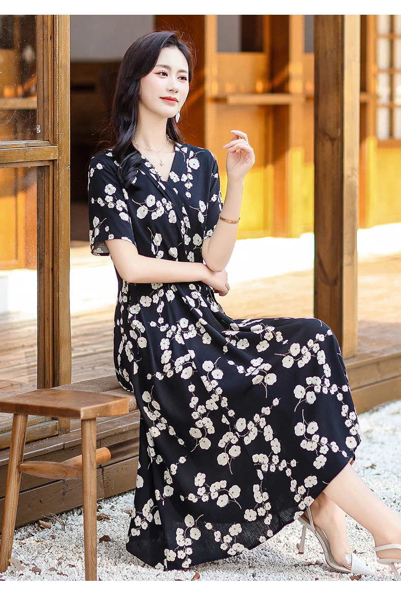 New Casual 2024 Women summer Dress Floral Print short Sleeve FashionElegant Vintage O-Neck Plus size Dresses